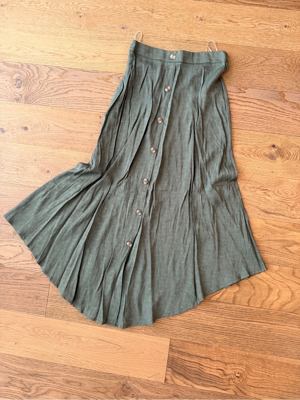 Pleated Button-Front Olive Green Midi Linen Skirt